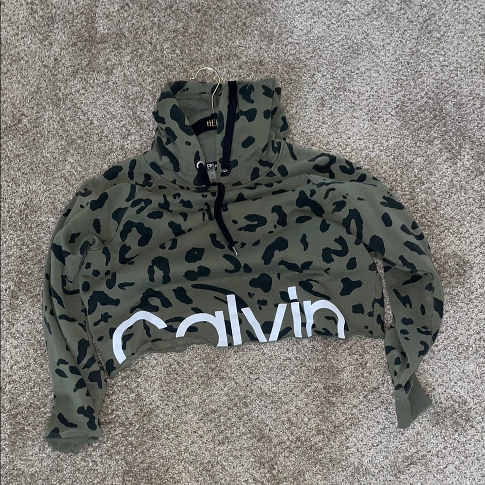 Calvin Klein Green Leopard Print Cropped Hoodie